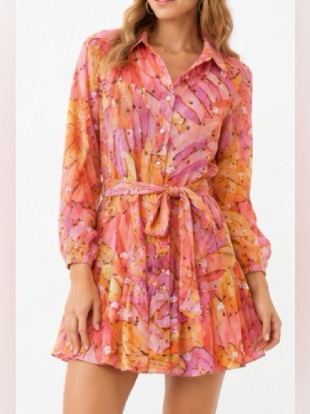 FARM Rio Pink Orange Floral Embroidered Belted Mini Dress